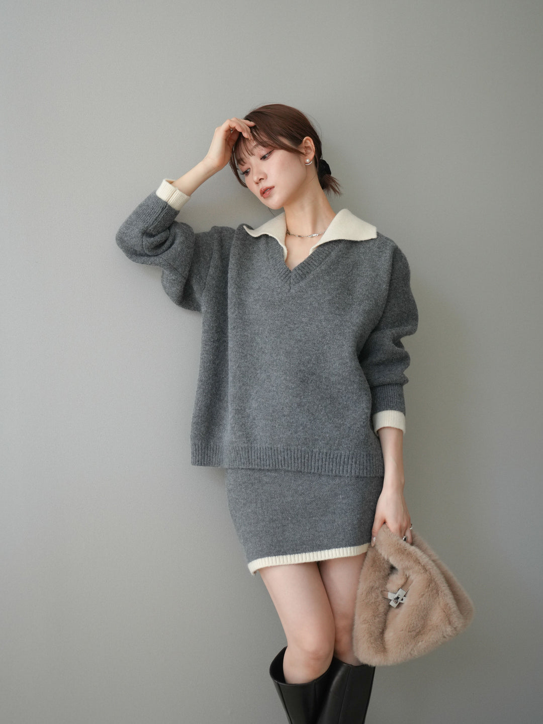 [SET]配色襟ニット＆ミニスカートSET UP(2set)