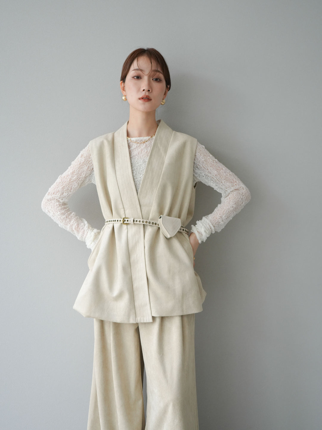 [SET]ポーチベルト付スウェードジレ×パンツSET UP(2set)