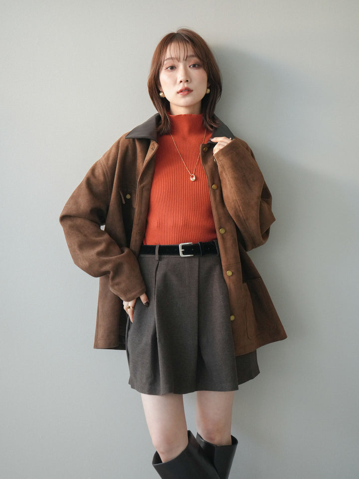 [予約]襟レザーステンカラースエードジャケット/camel