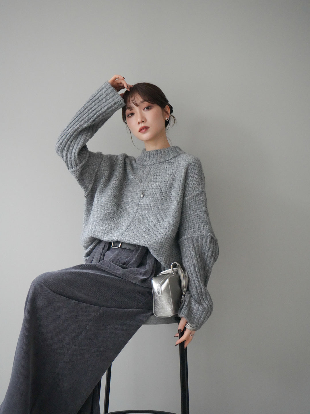 [予約]編み地切替ボトルネックニットプルオーバー/mokugray