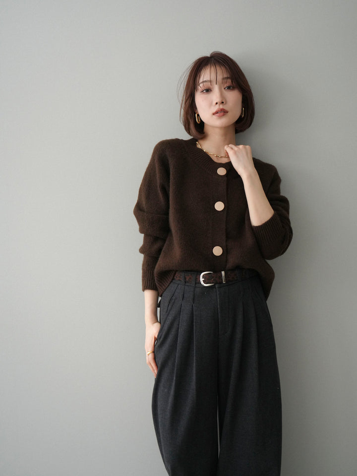 [SET]BIGボタンニットカーディガン+アニマル柄ベルト付きウールタッチワイドパンツ(2set)