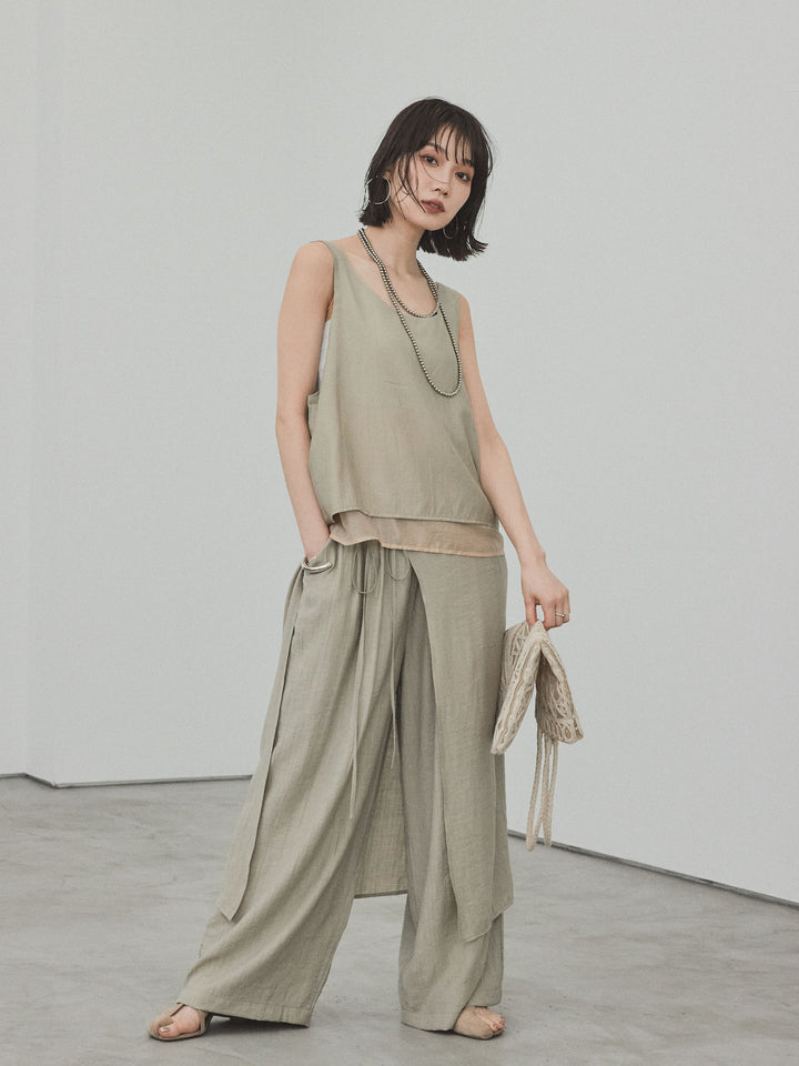 [SET] 洗衣機緞面透明層疊背心 + 洗衣機緞層疊裙褲 (2set)