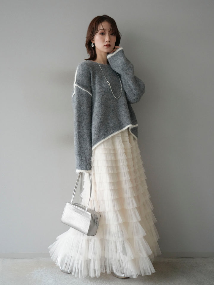 [SET]バイカラーレイヤードデザインニットプルオーバー+チュールティアードスカート(2set)