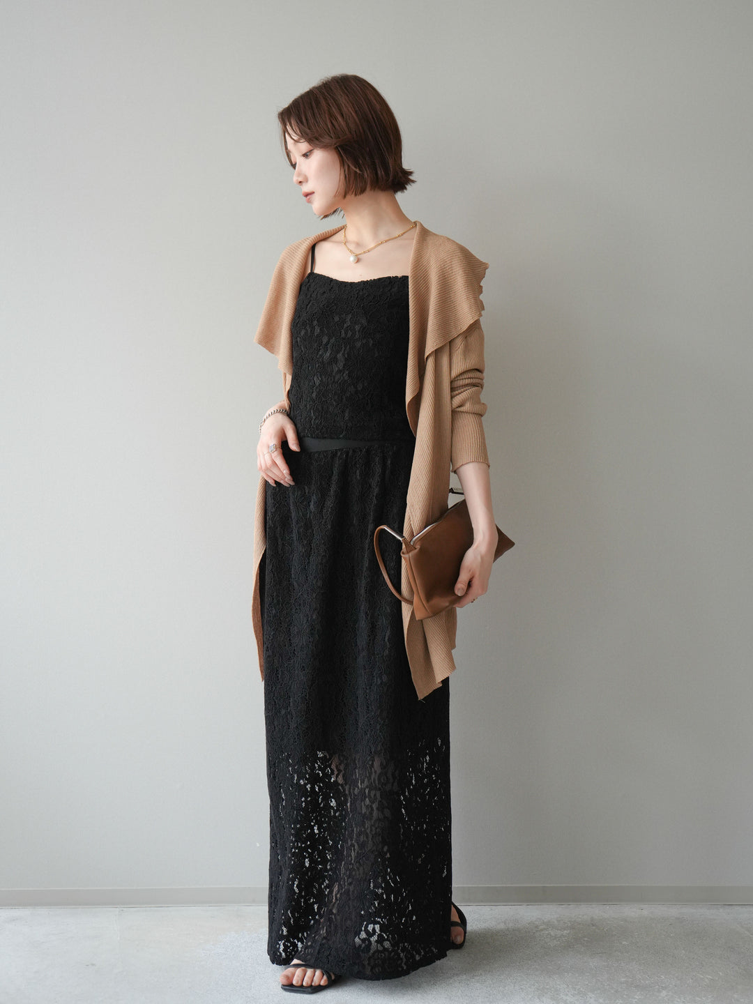 [SET]ドレープリブニットガウン+フルレースキャミ＆IラインスカートSET UP(2set)