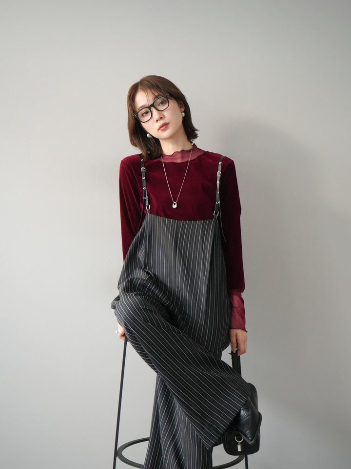 【着回しセット】[SET]ヘリンボーンストライプジレ+シアー切替ベロアトップス+ヘリンボーンストライプサロペット(3set)