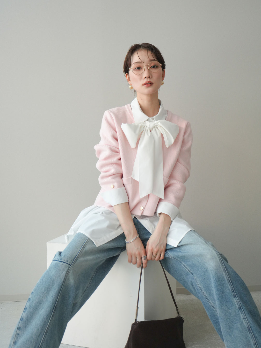 [予約]ゴールドボタンノーカラーニットジャケット/pink