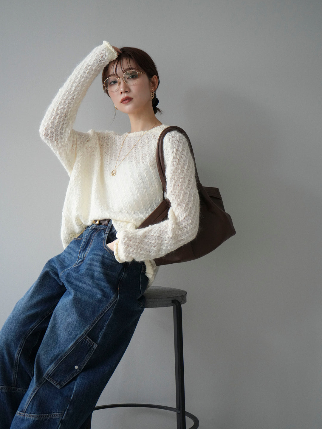 [予約]透かし編みモヘアタッチポコポコニットプルオーバー/ivory