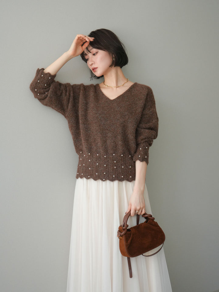 [SET]パールフリルリブヘムニットプルオーバー+選べるアクセセット(2set)