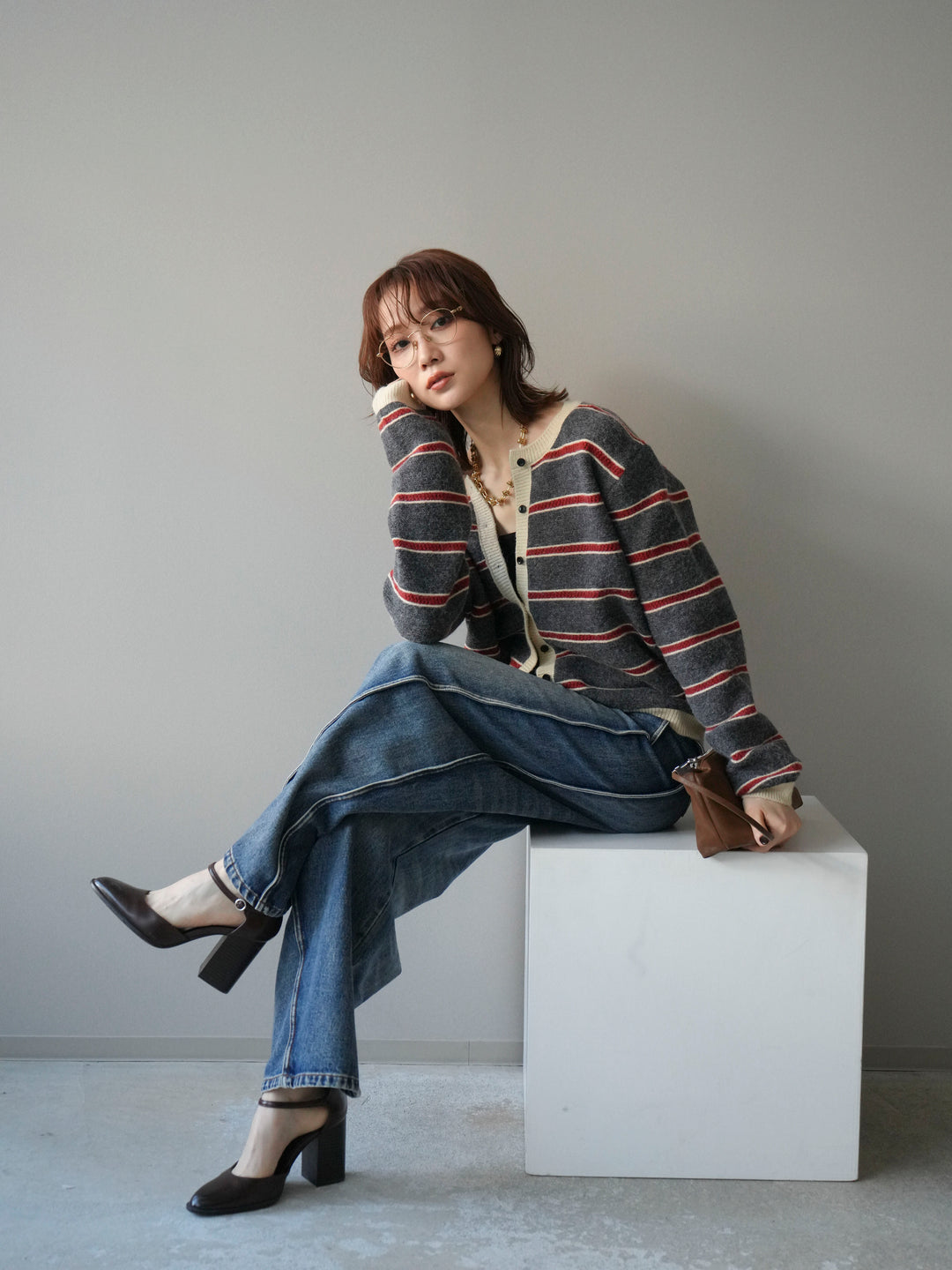 [予約]配色ボーダーニットカーディガン/gray