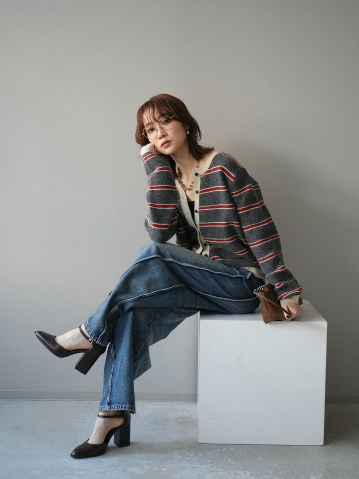 [予約]配色ボーダーニットカーディガン/gray