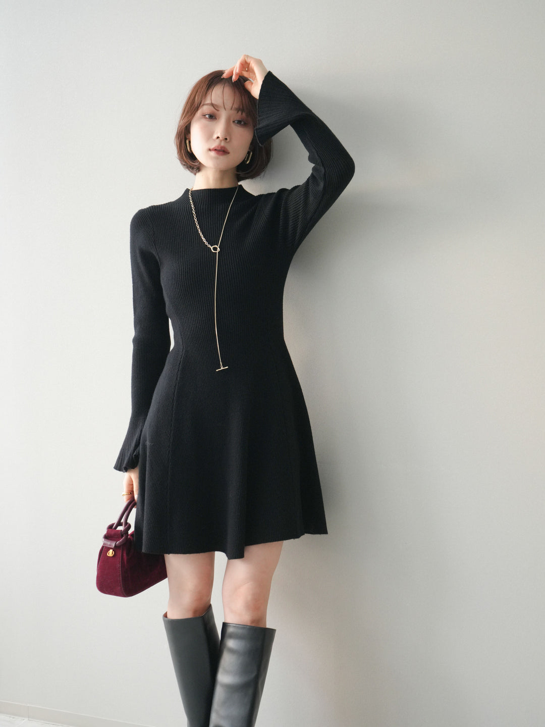 [予約]フレアリブニットミニワンピース/black
