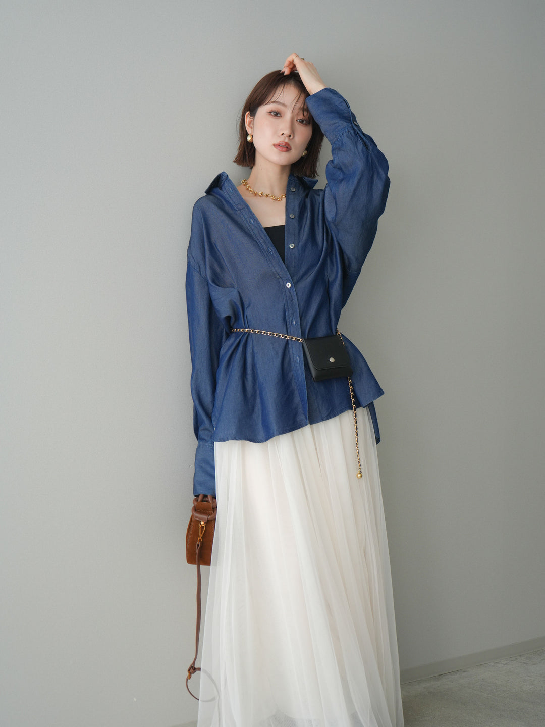 [SET]テンセルデニムタックシャツ+チュールボリュームスカート(2set)