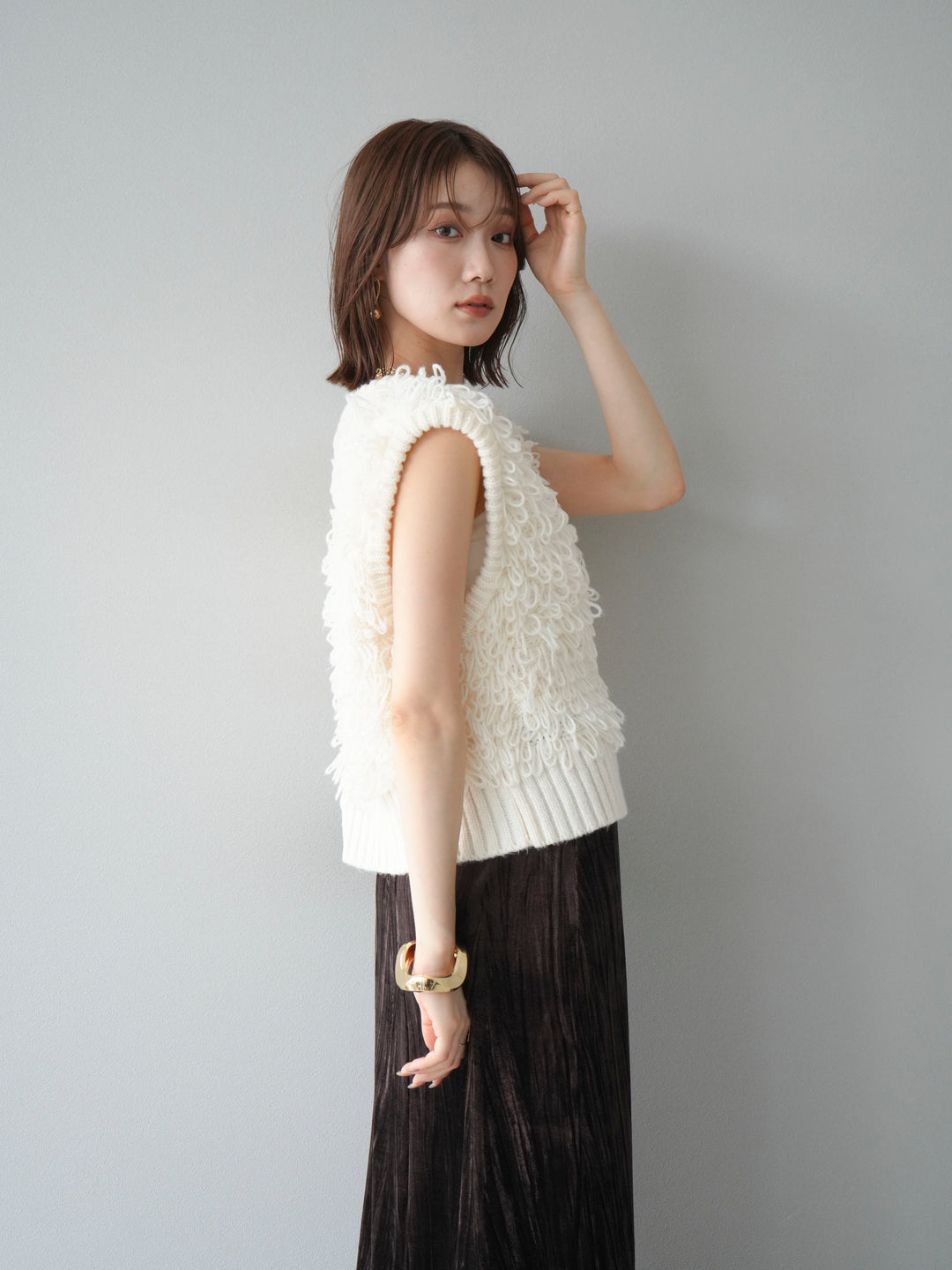 [SET]レザー襟オンブレチェックオーバーシャツ +ループデザインホックベスト +クラッシュベロアナロースカート(3set)