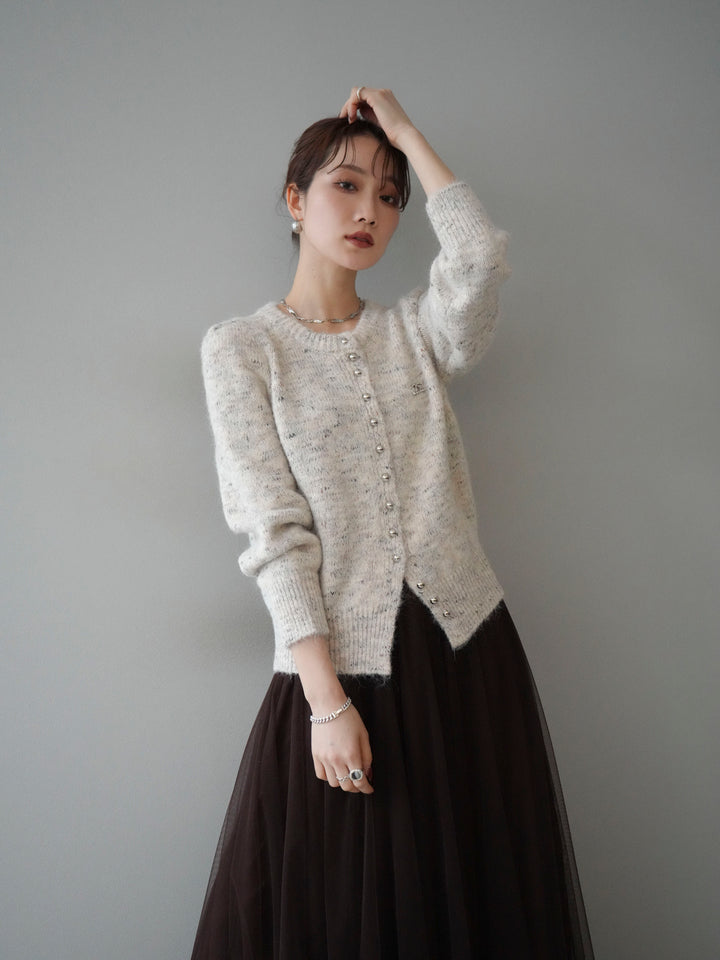 [予約]ブローチ付silverボタンミックスニットカーディガン/beige