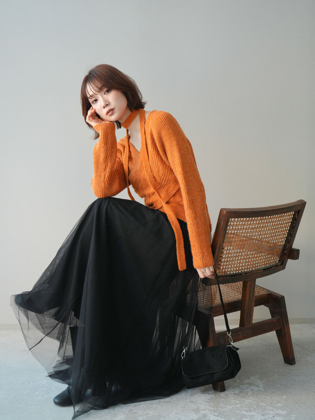 [予約]ケーブル編みクロスニットトップス/orange