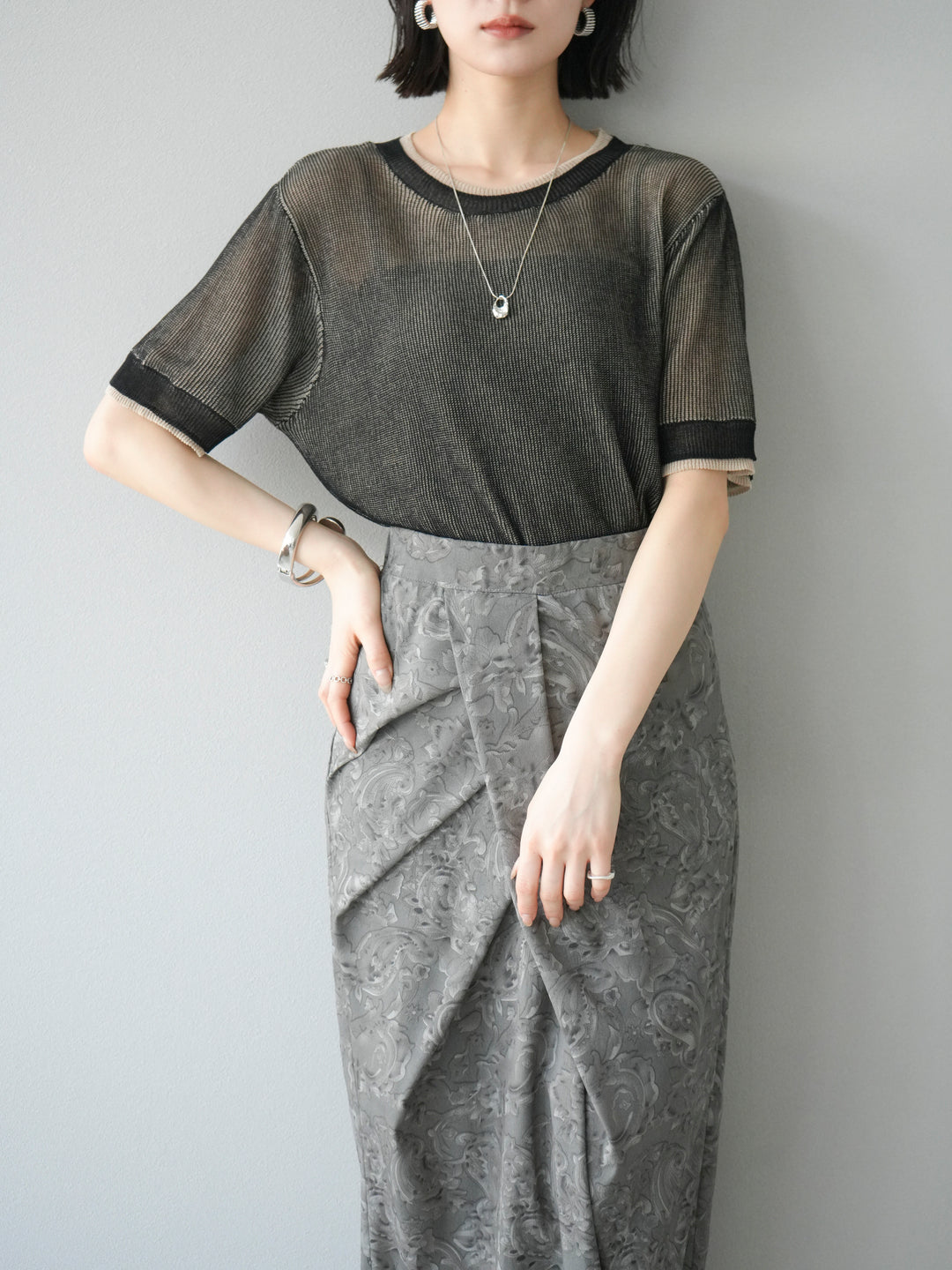 [SET]リネンタッチ配色二重臼ハーフニットトップス+選べるアソート柄スカートセット(2set)