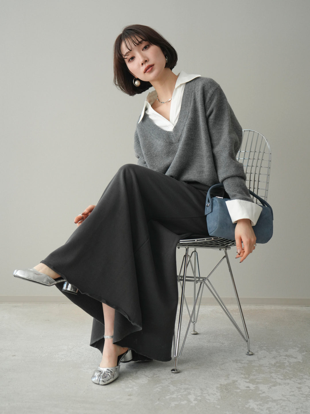 [予約]シャツドッキングVネックニットトップス/gray