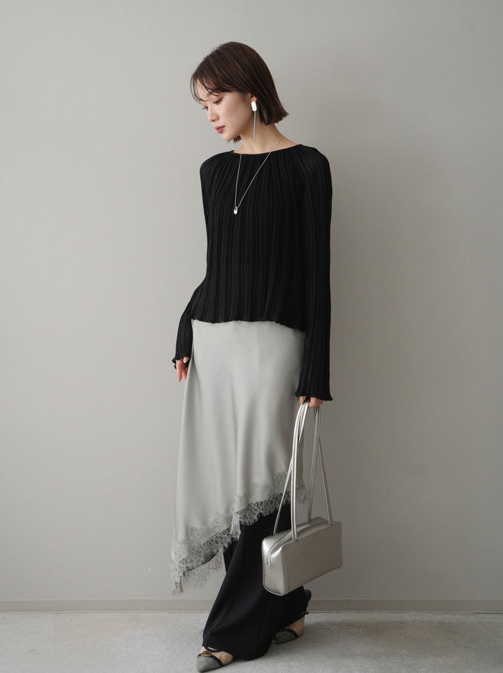 [SET]プリーツシアーフレアスリーブニットトップス+センターシームフレアパンツ(2set)