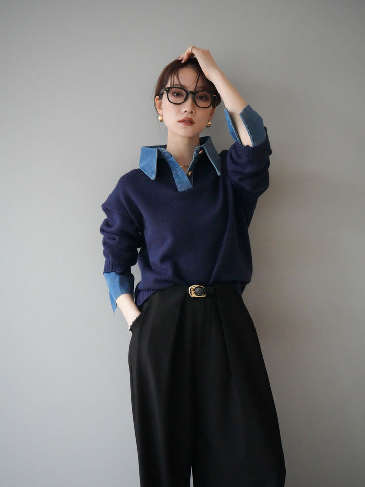 [SET]デニム襟ポロニットプルオーバー+選べるアクセセット(2set)