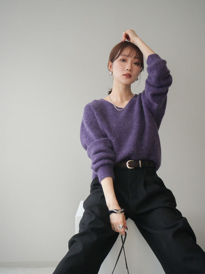 [SET]シュシュ付きアンゴラタッチVネックニットプルオーバー+選べるアクセセット(2set)