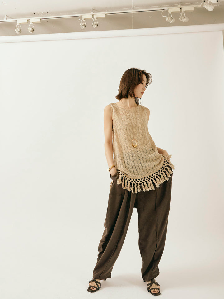 [予約]フリンジ透かし編みニットベスト/ベージュ