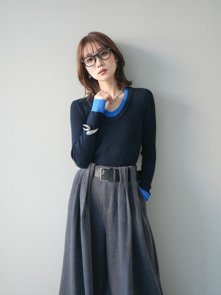 [予約]Uネック配色レイヤードリブニットトップス/black