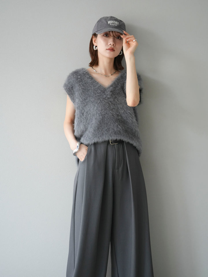 [SET]ラメシャギーVネックニットベスト+ベルトループデザインワイドパンツ(2set)