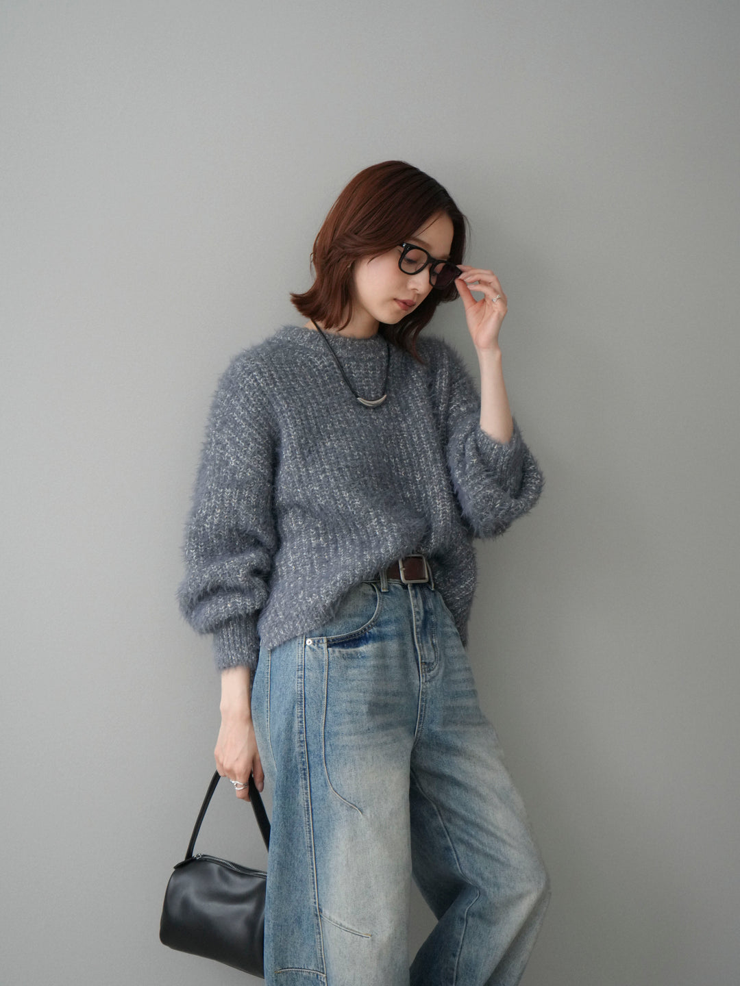 [SET]ボリュームスリーブシャギー MIXニットプルオーバー+ベルト付カーブデニムパンツ(2set)