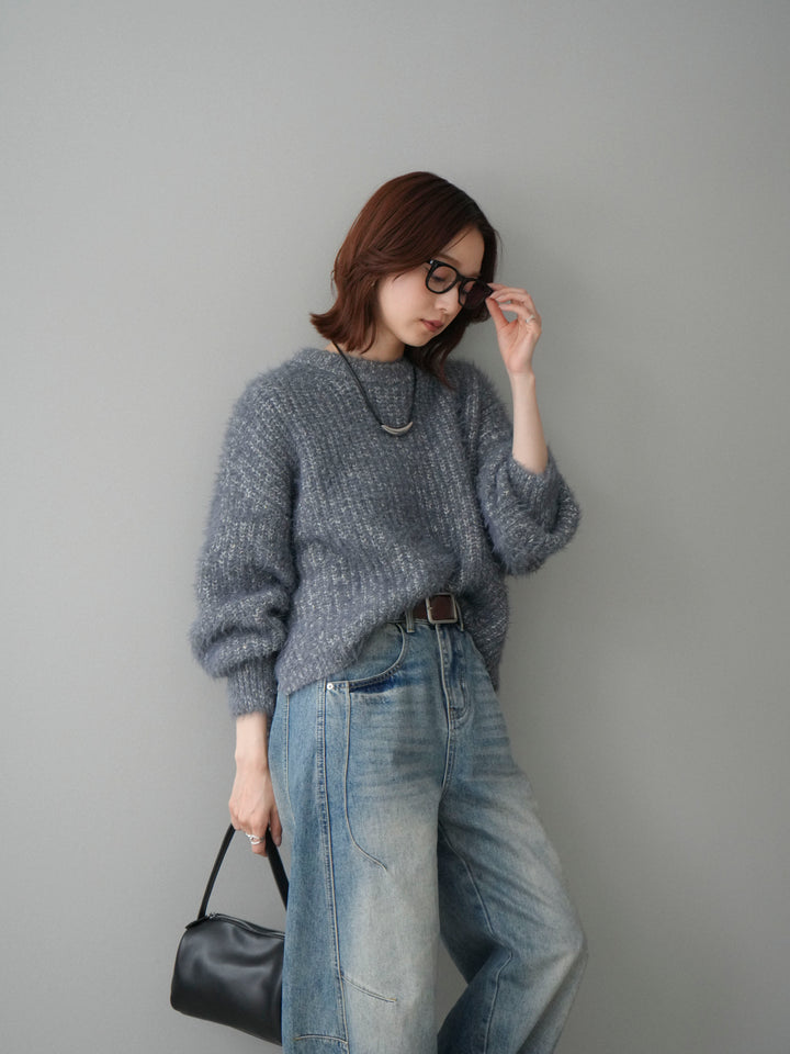 [SET]ボリュームスリーブシャギー MIXニットプルオーバー+ベルト付カーブデニムパンツ(2set)