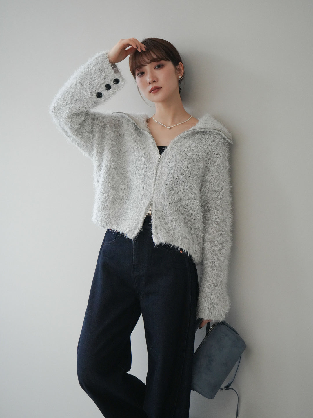 [予約]ミックスシャギージップニットカーディガン/ivory