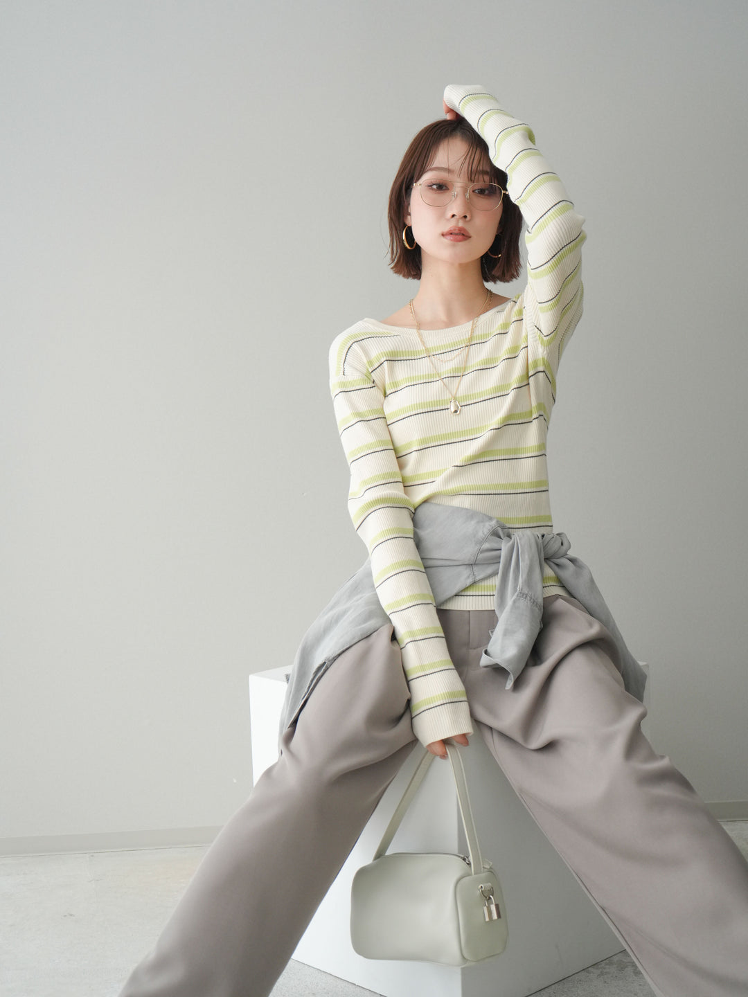 [予約]バックオープンテレコリブマルチボーダートップス/ivory