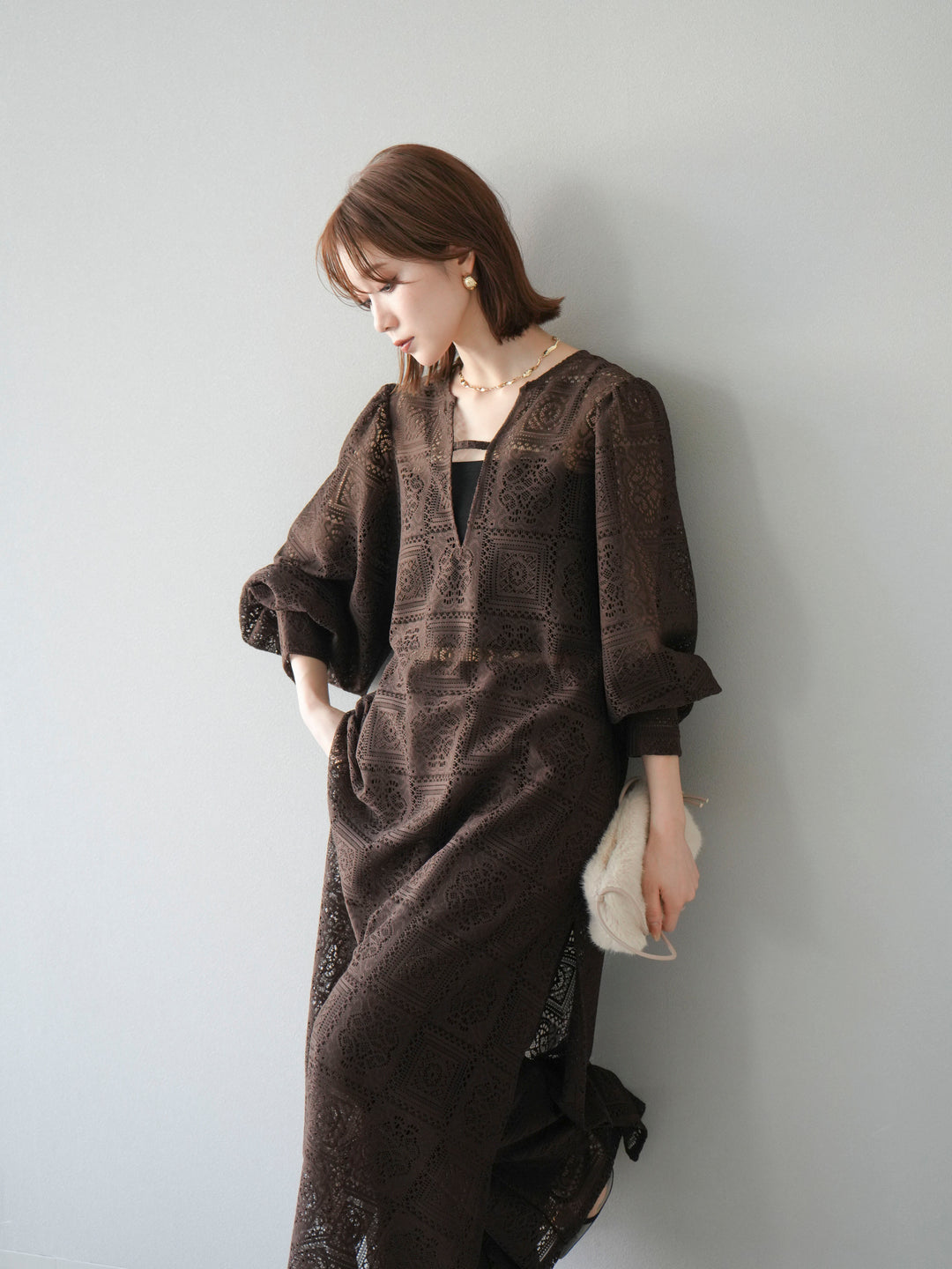 【套裝】塊蕾絲捲袖洋裝+塊蕾絲寬褲（2套）