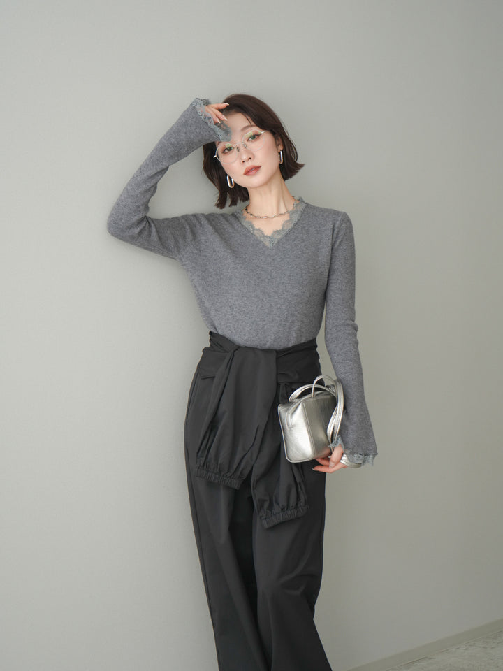 [予約]レースドッキングVネックニットトップス/gray
