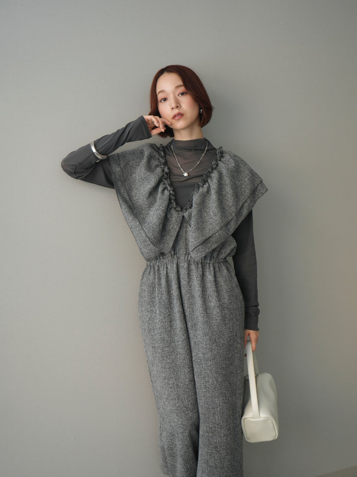 [SET]3WAYミックスツイードギャザーオールインワン+シアープチネックストレッチトップス(2set)