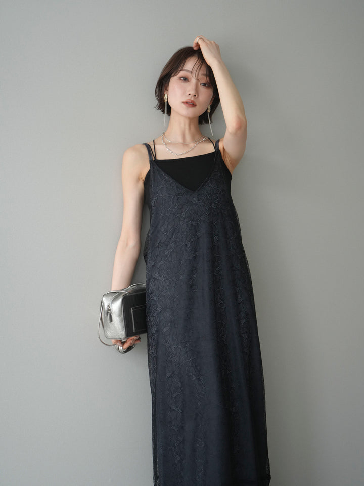 [予約]サテンレースレイヤードキャミワンピース/black