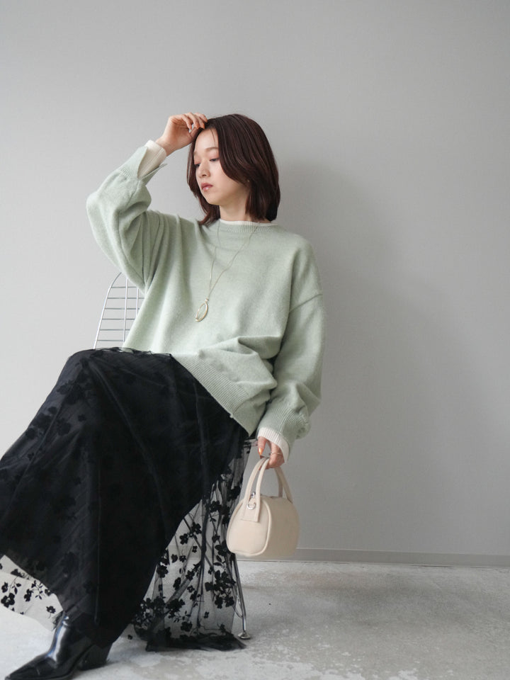 [SET]ヘンリーネック配色レイヤードニットプルオーバー+フラワーフロッキーチュールプリーツスカート(2set)