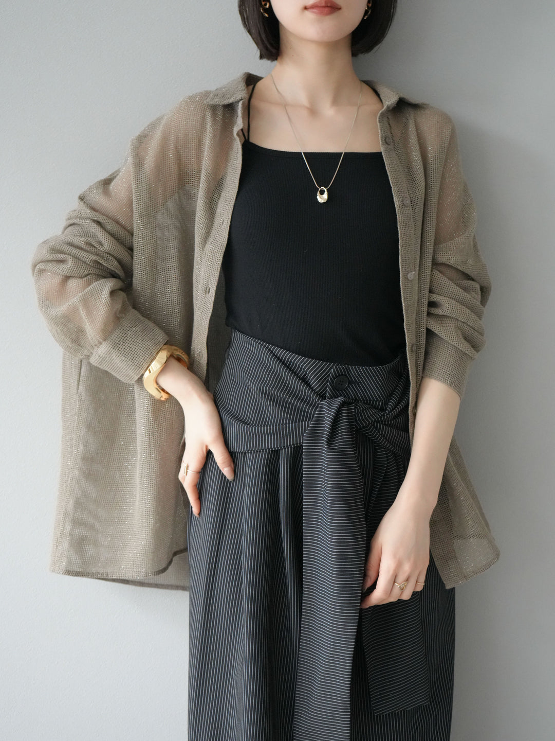 [予約]コットンラメメッシュオーバーシャツ/ベージュ