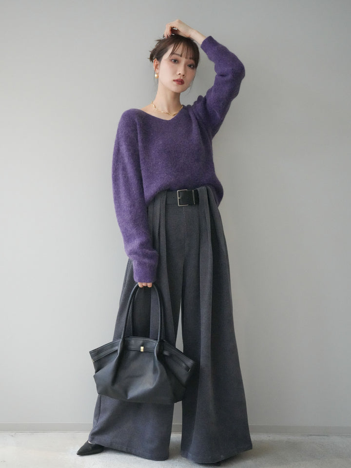 [SET]シュシュ付きアンゴラタッチVネックニットプルオーバー+ベルトデザインループコールテンワイドパンツ(ベルト付き)(2set)