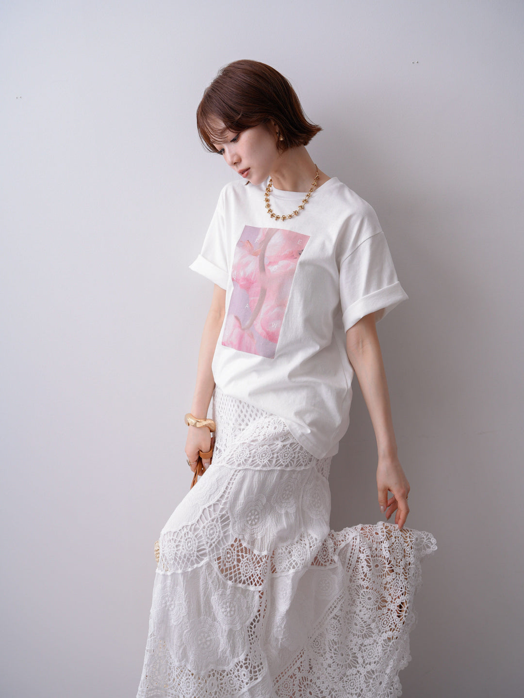 [SET]ニュアンスフローラルフォトTEE+クロシェマキシスカート(2set)