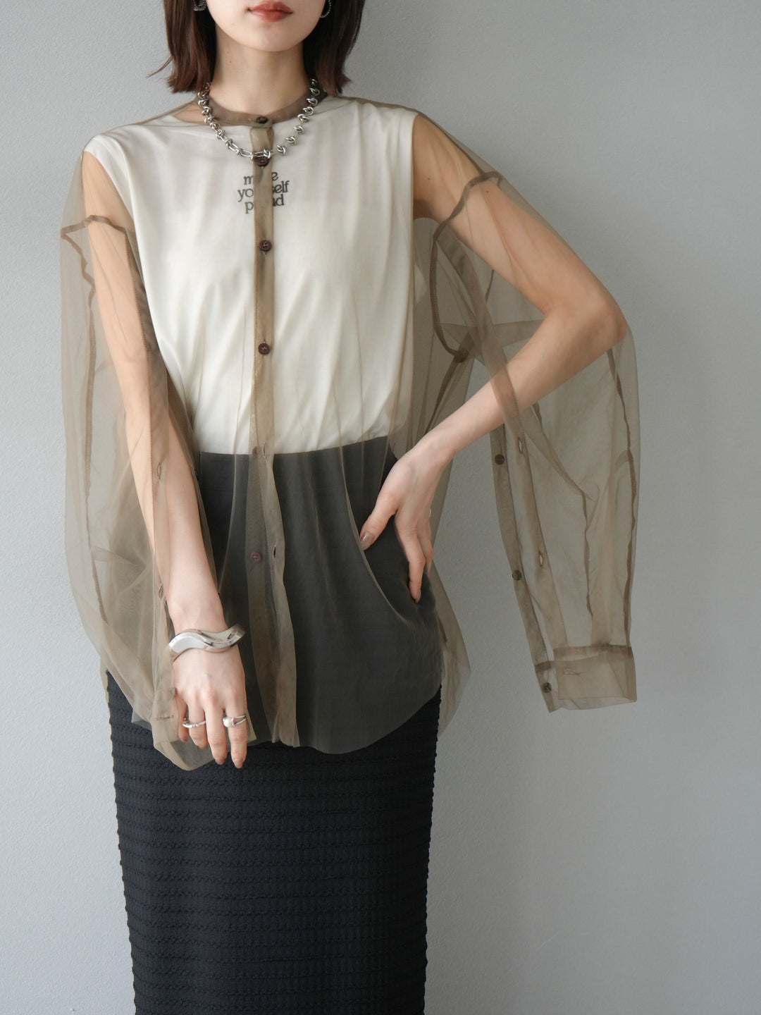 [予約]2WAYスリーブチュールシャツ/グレージュ