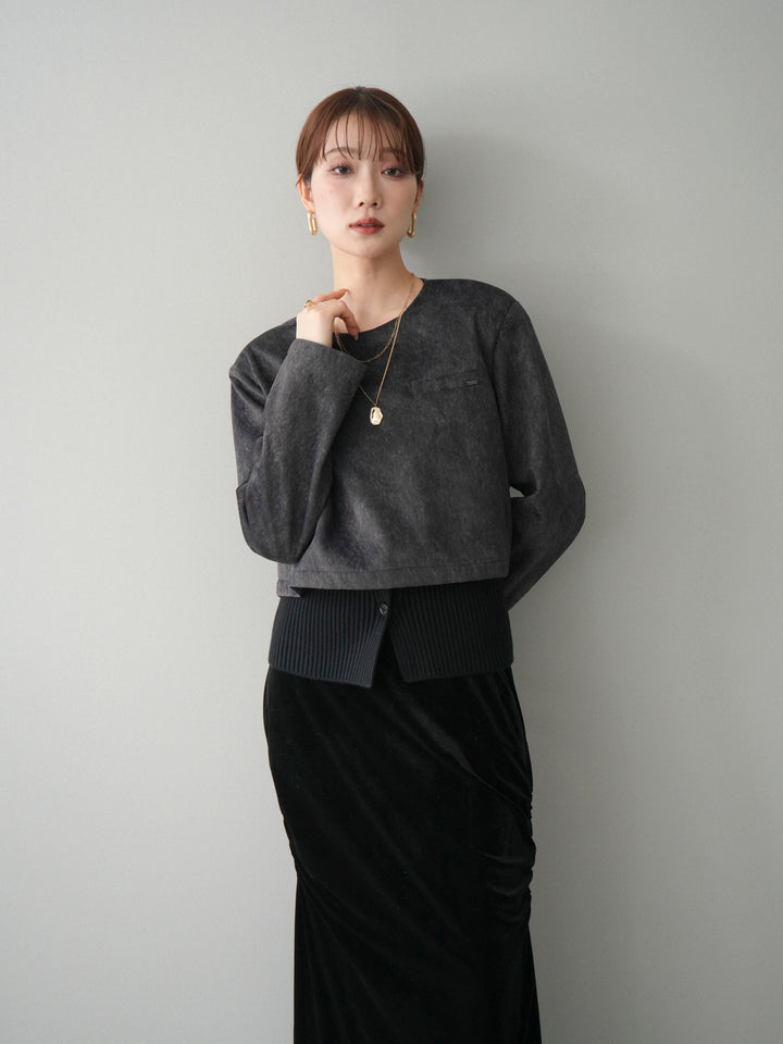 [予約]リブニットレイヤードスエードプルオーバー/charcoal