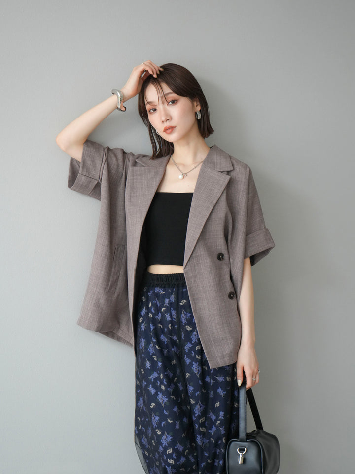 [SET]リネンライクハーフテーラードジャケット+コード刺繍チュールレイヤードパンツ(2set)