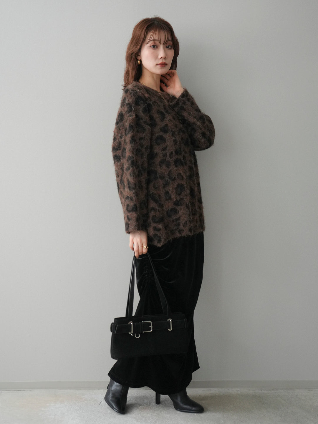 [SET]レオパードシャギーニットプルオーバー+ギャザーベロアスカート(2set)