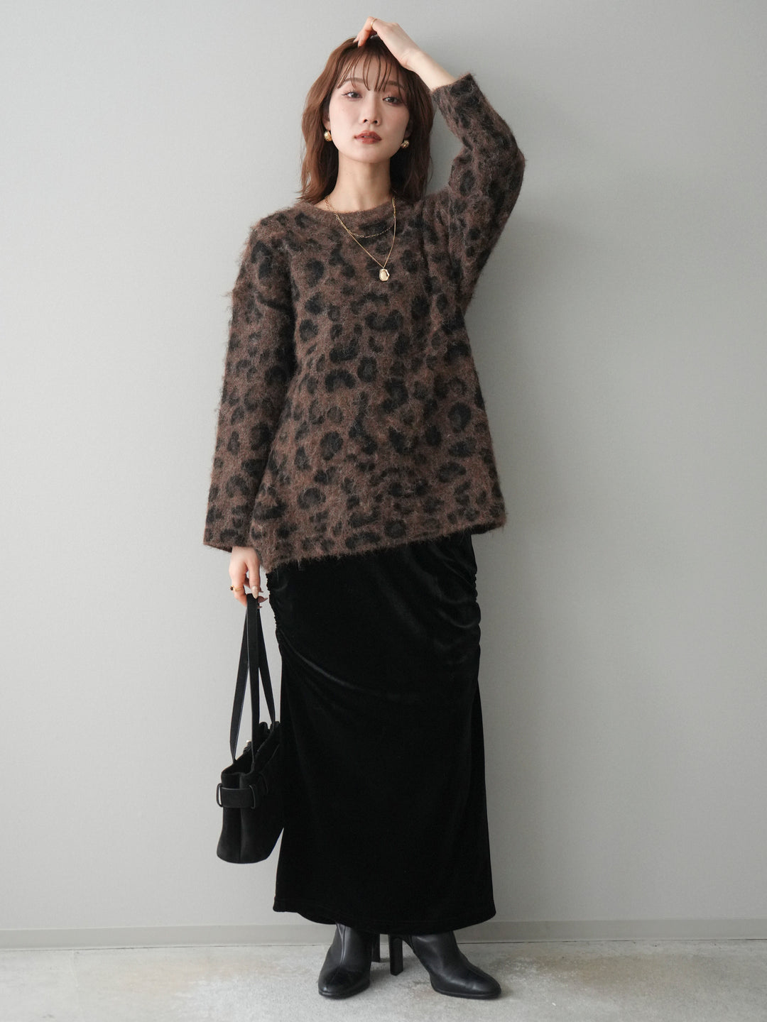 [SET]レオパードシャギーニットプルオーバー+ギャザーベロアスカート(2set)