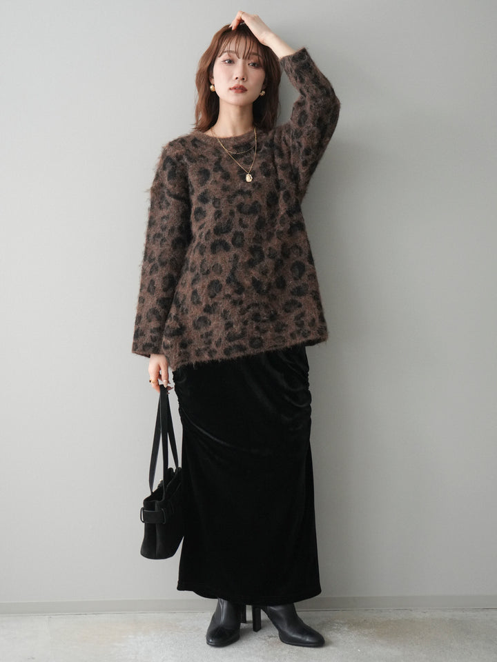 [SET]レオパードシャギーニットプルオーバー+ギャザーベロアスカート(2set)