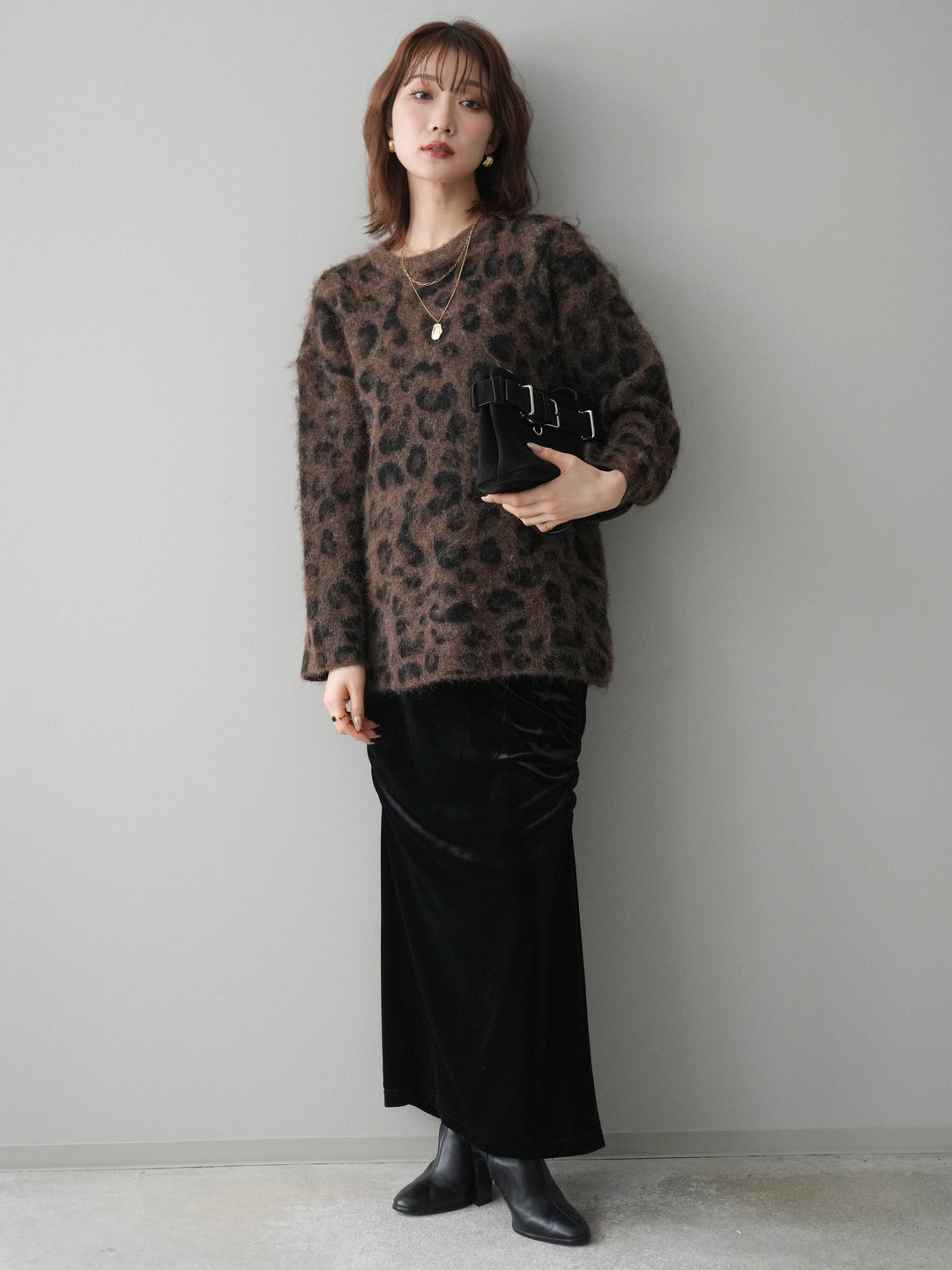 [SET]レオパードシャギーニットプルオーバー+ギャザーベロアスカート(2set)