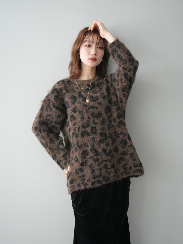 [SET]レオパードシャギーニットプルオーバー+ギャザーベロアスカート(2set)