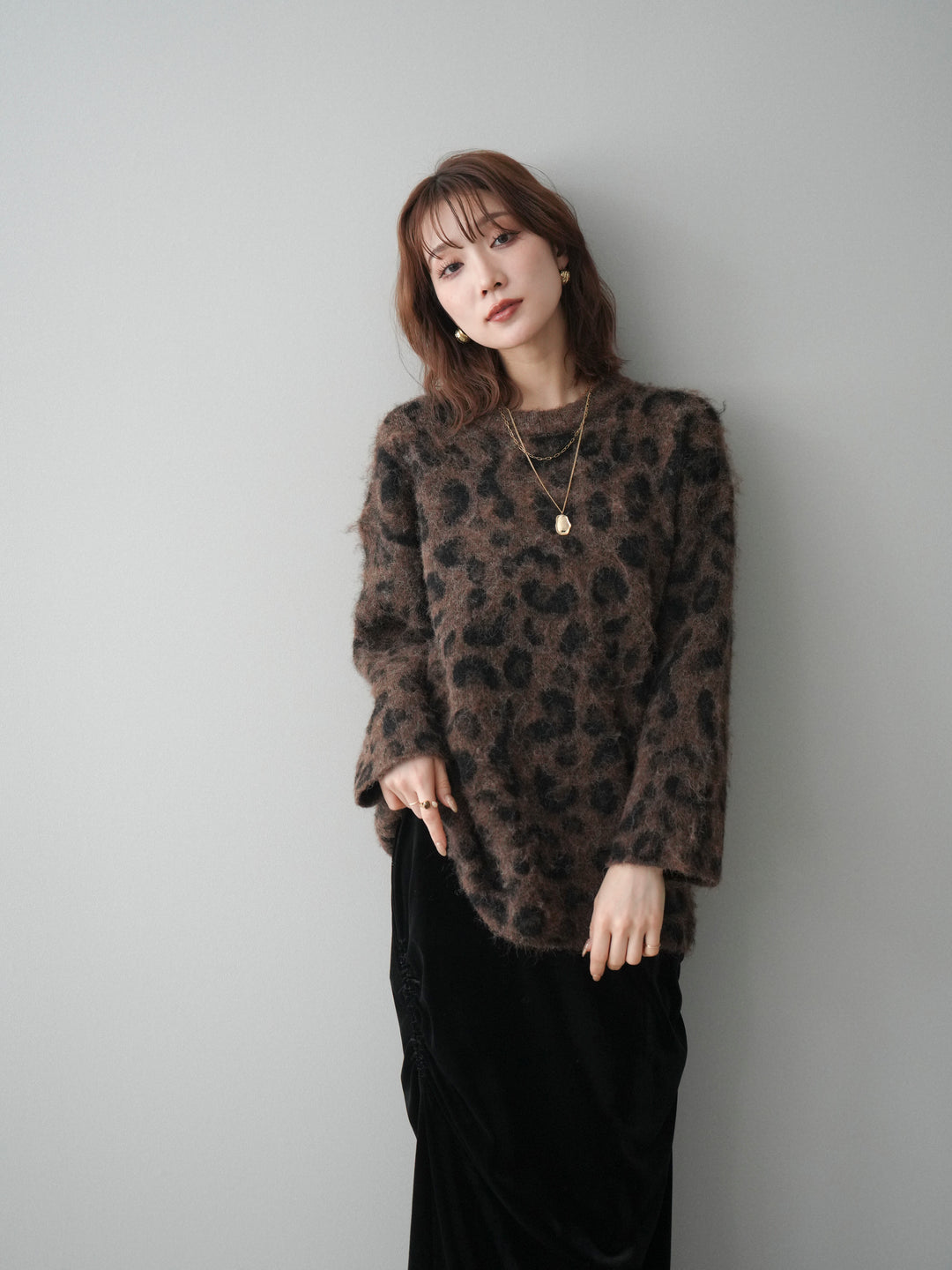 [SET]レオパードシャギーニットプルオーバー+ギャザーベロアスカート(2set)