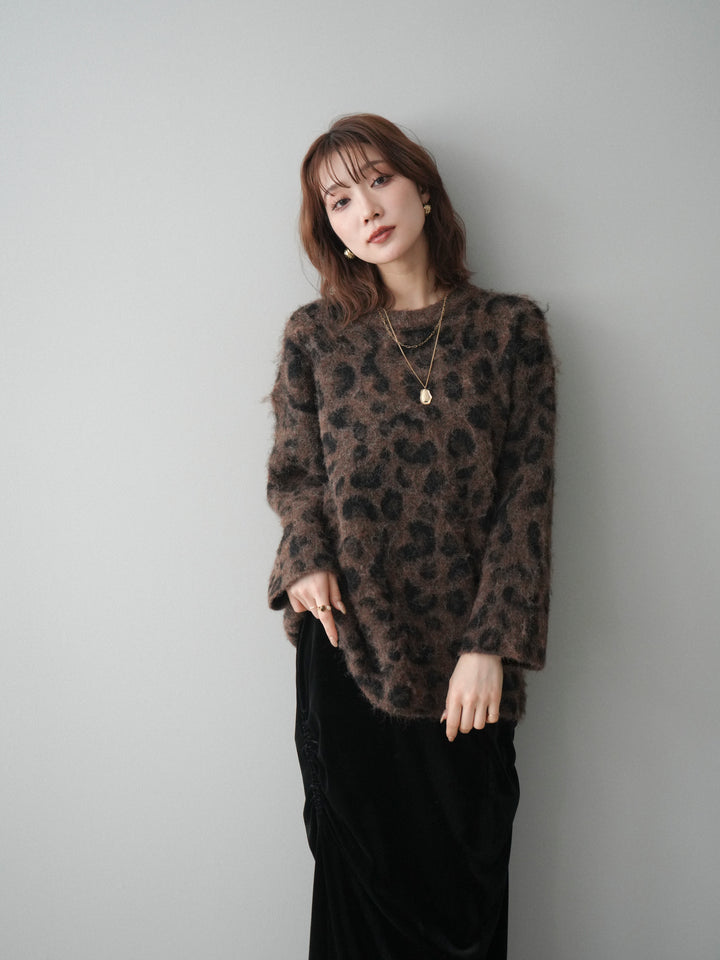 [SET]レオパードシャギーニットプルオーバー+ギャザーベロアスカート(2set)