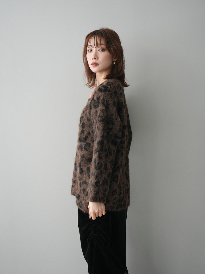 [SET]レオパードシャギーニットプルオーバー+ギャザーベロアスカート(2set)